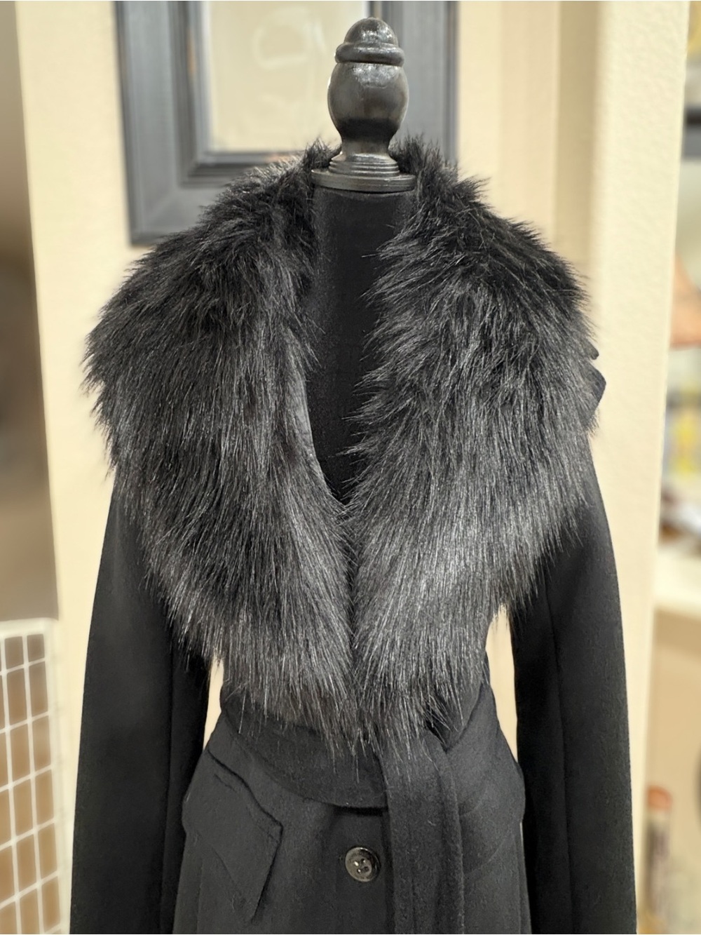 Calvin Klein Black Wool-Blend Coat with Faux-Fur Collar